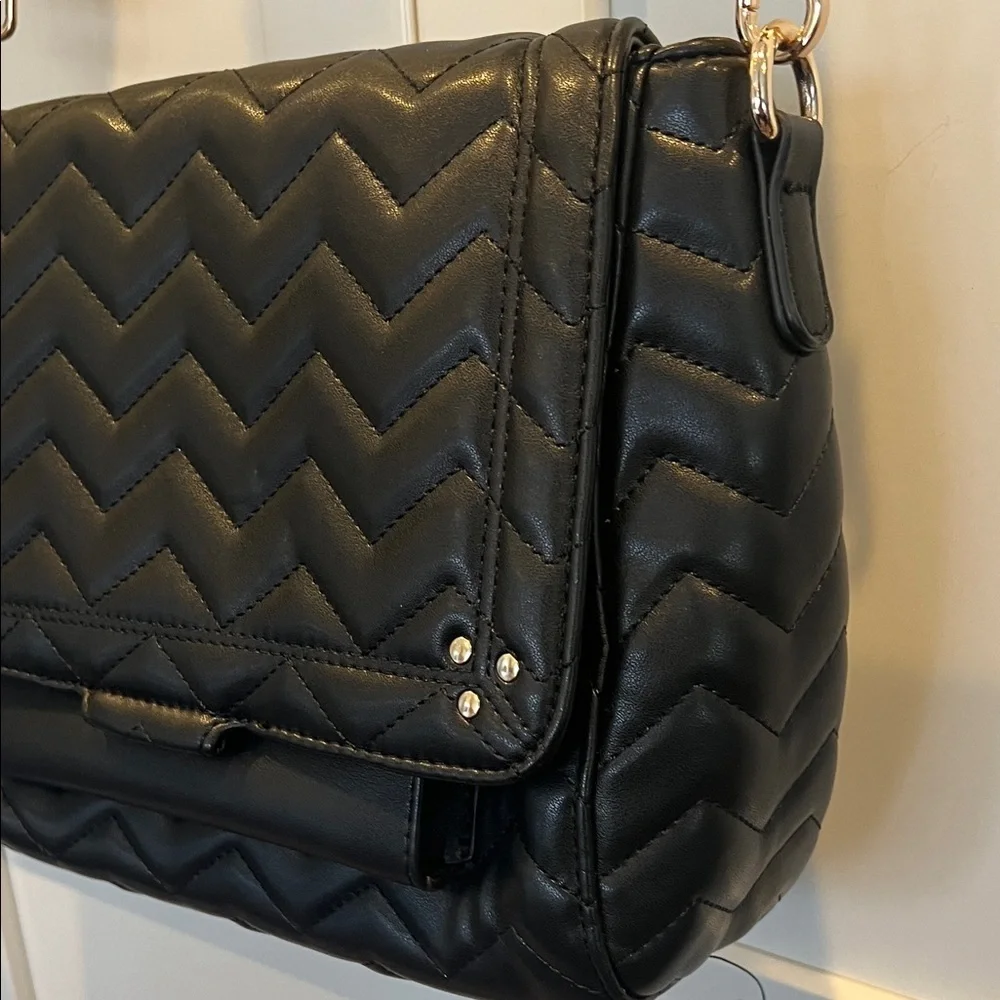 Black Quilted Chevron Crossbody Bag with Guitar style strap 9” X 11” X 4”